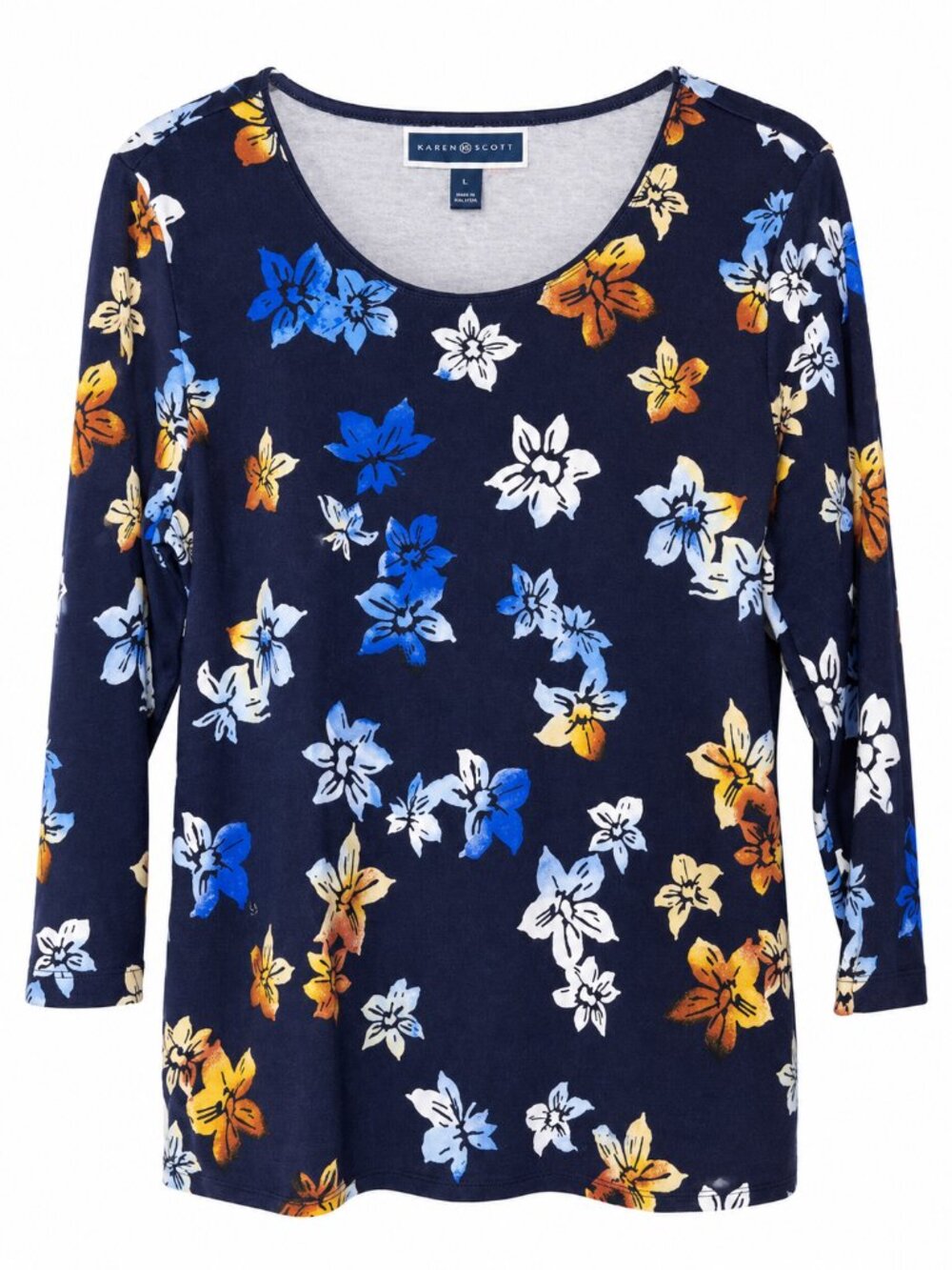 Karen Scott Women's Top Size L Navy Floral 3/4 Sleeve Cotton Blend Casual NWT